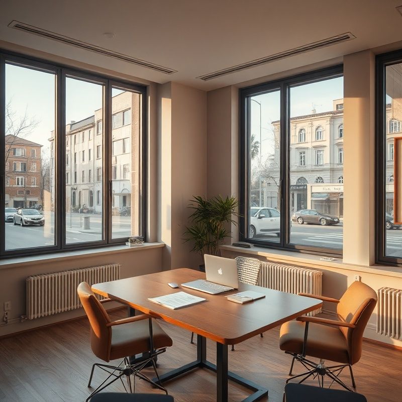 Interior de birou de consultanță, tonuri de ardezie și alb-cald, birou cu documente și ferestre mari